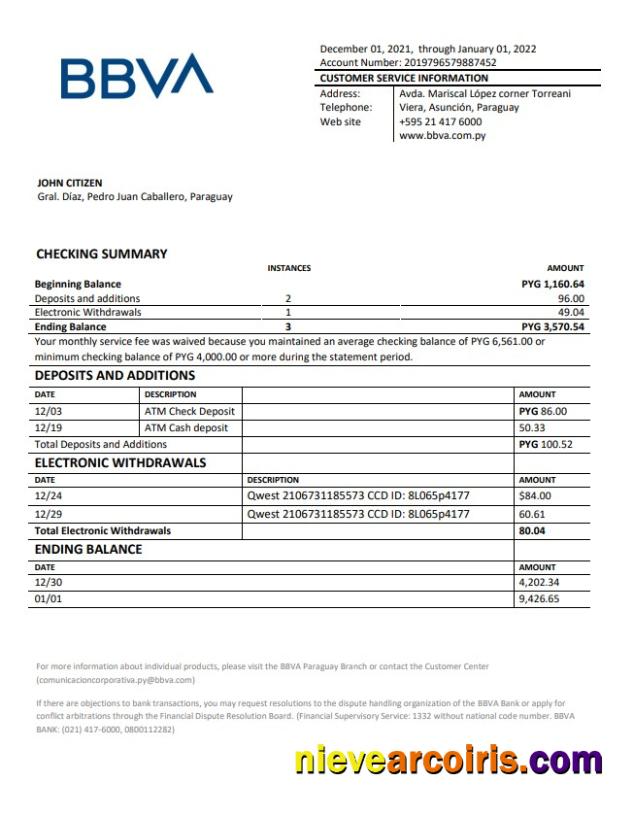 Paraguay BBVA bank statement
